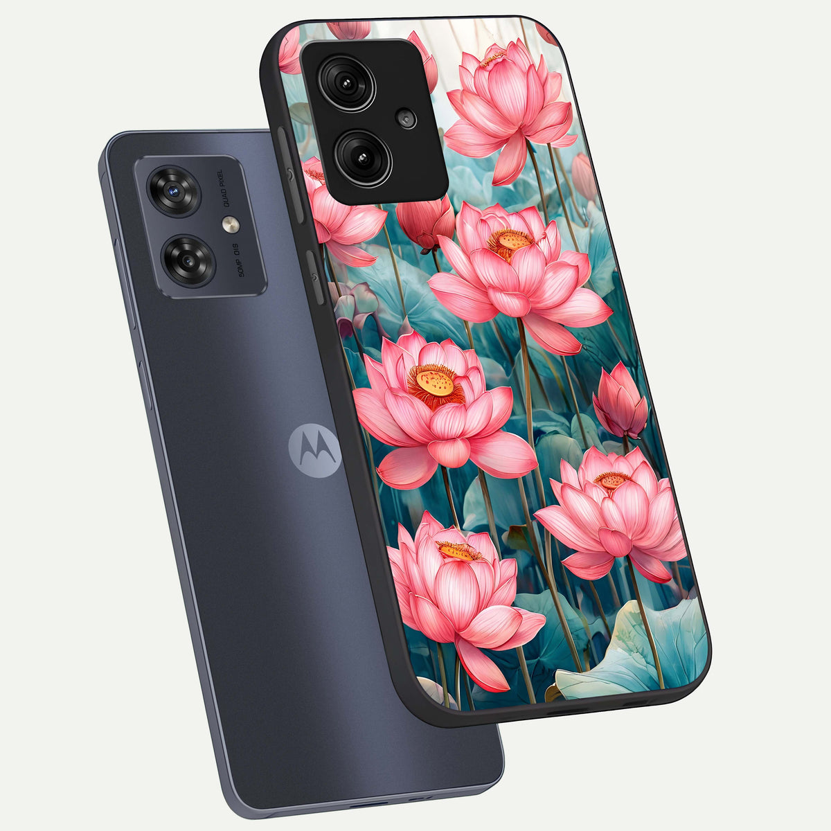  Celestial Pink Lotus phone case For Moto G54 showing premium glass back cover with detailed artwork