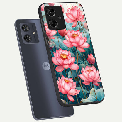  Celestial Pink Lotus phone case For Moto G54 showing premium glass back cover with detailed artwork