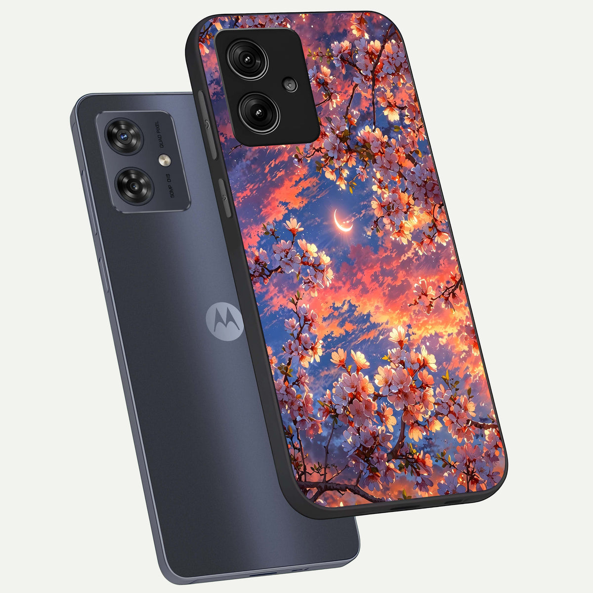  Celestial Sakura Sunset phone case For Moto G54 showing premium glass back cover with detailed artwork
