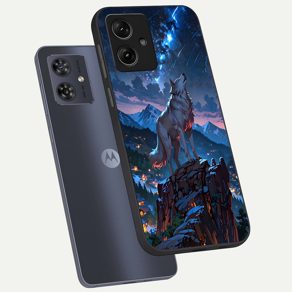 Celestial Wolf Howl phone case For Moto G54 showing premium glass back cover with detailed artwork