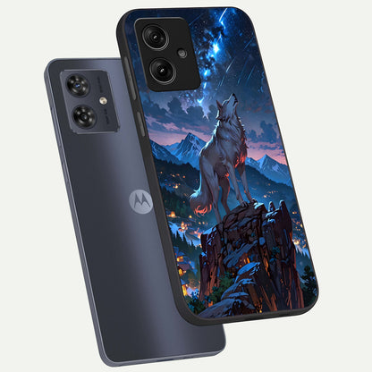  Celestial Wolf Howl phone case For Moto G54 showing premium glass back cover with detailed artwork