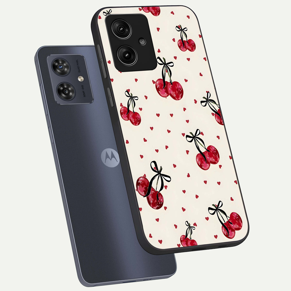  Cherry Heart Bow phone case For Moto G54 showing premium glass back cover with detailed artwork