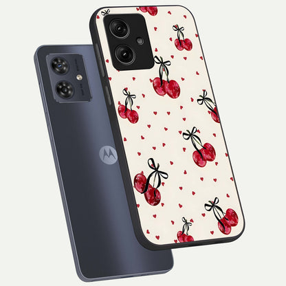  Cherry Heart Bow phone case For Moto G54 showing premium glass back cover with detailed artwork