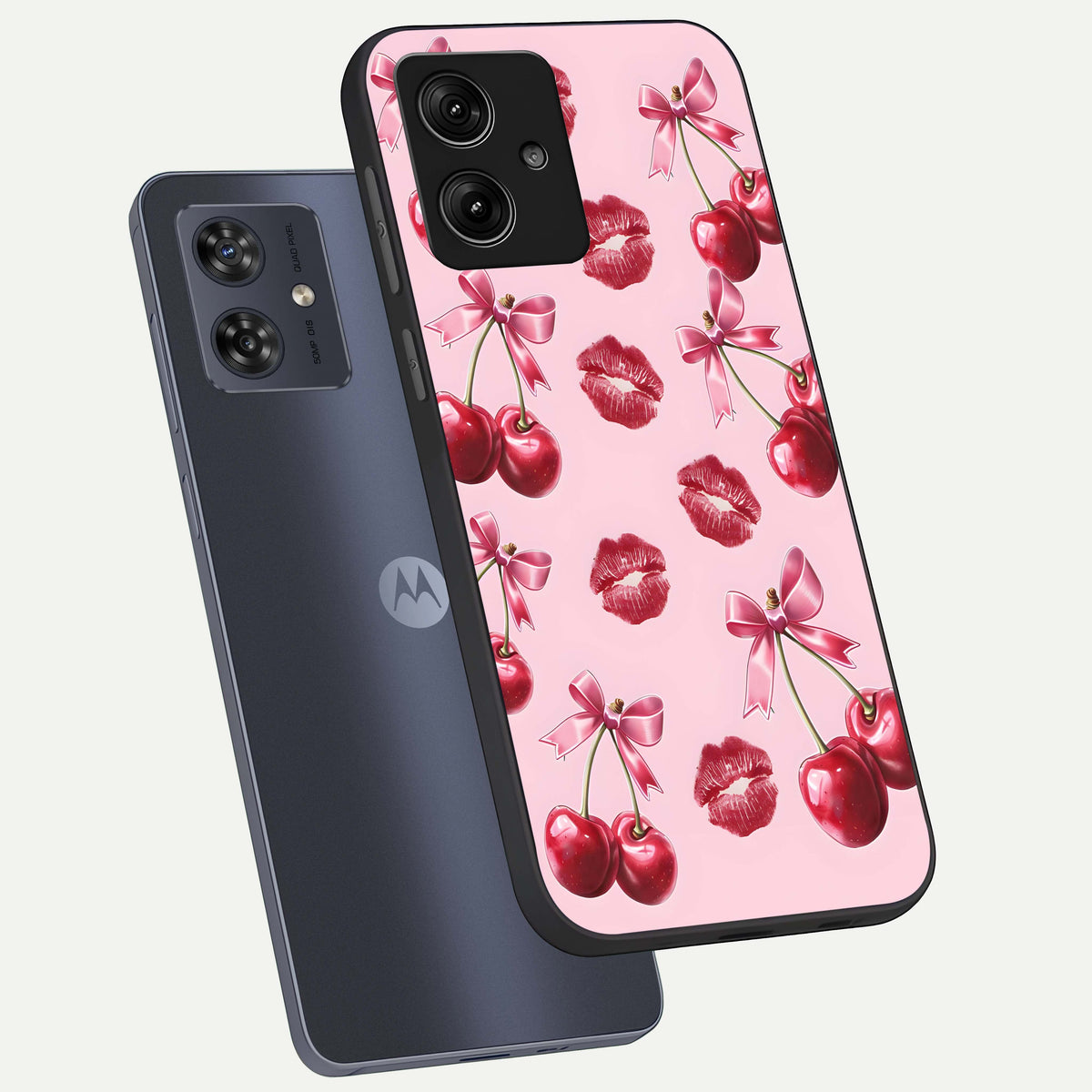  Cherry With Lips phone case For Moto G54 showing premium glass back cover with detailed artwork