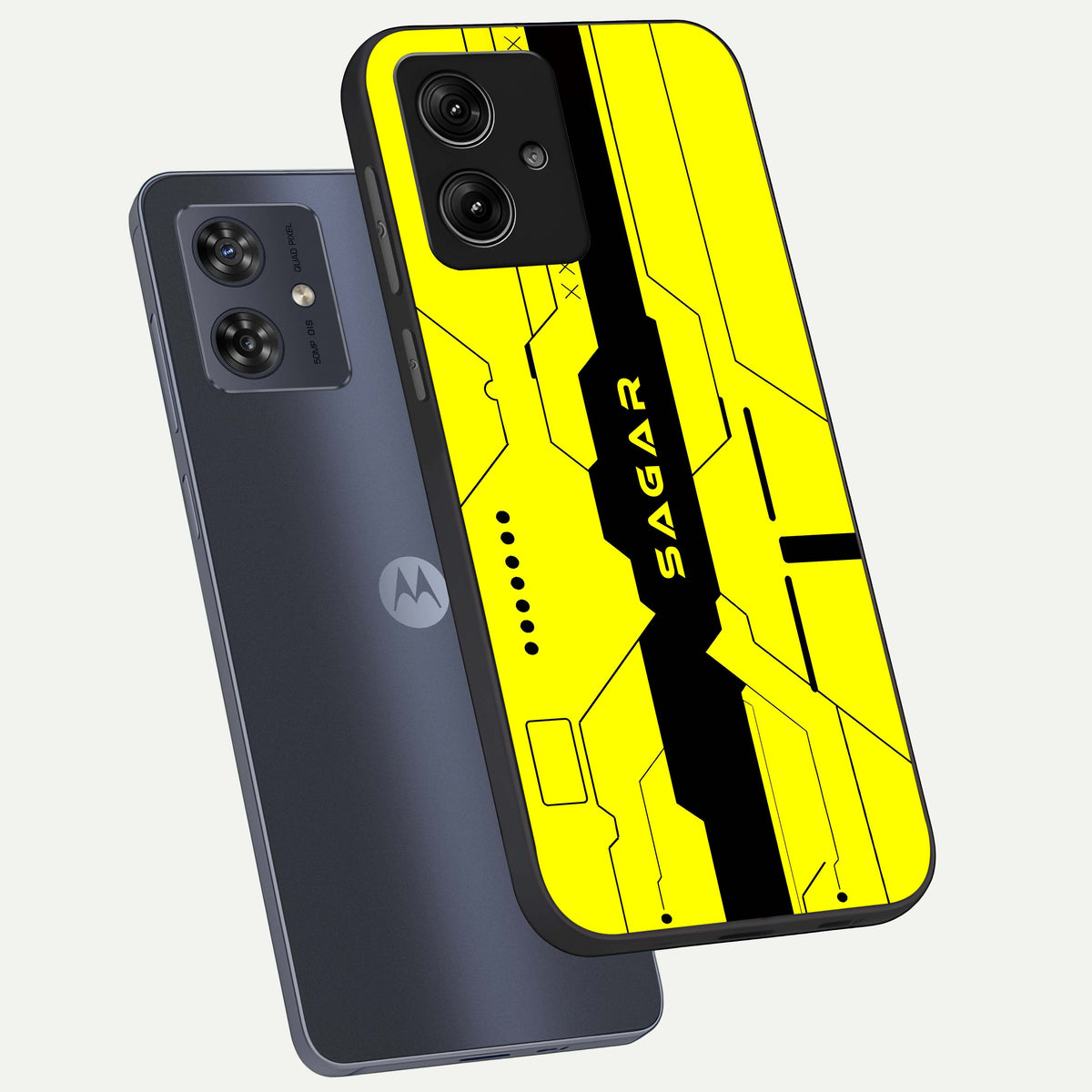  Circuit CYBERPUNK Custom Name phone case For Moto G54 showing premium glass back cover with detailed artwork