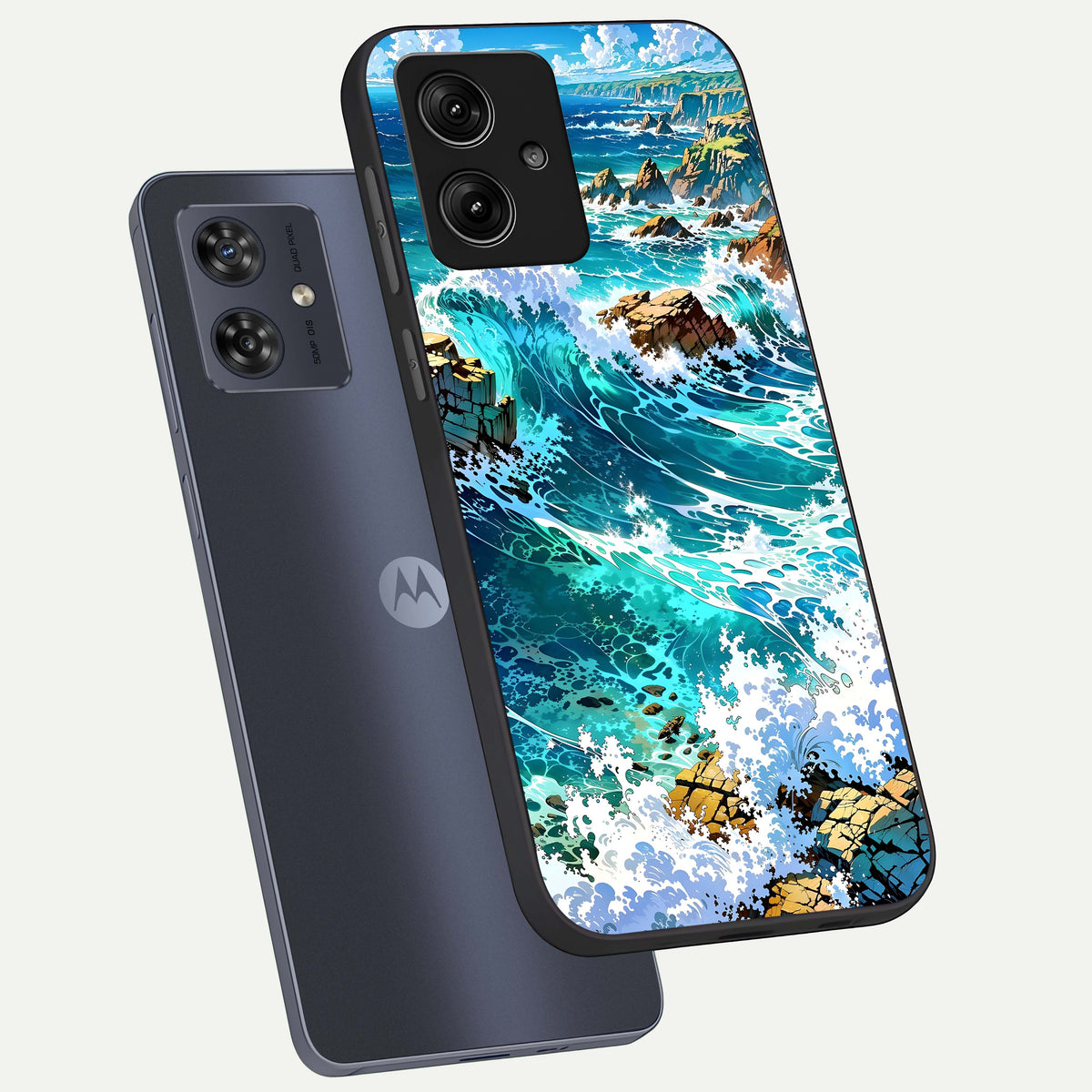  Coastal Blue Waves phone case For Moto G54 showing premium glass back cover with detailed artwork