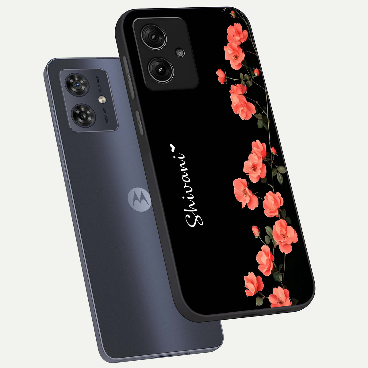  Crimson Bloom Grace Custom Name phone case For Moto G54 showing premium glass back cover with detailed artwork