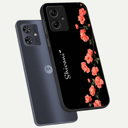  Crimson Bloom Grace Custom Name phone case For Moto G54 showing premium glass back cover with detailed artwork