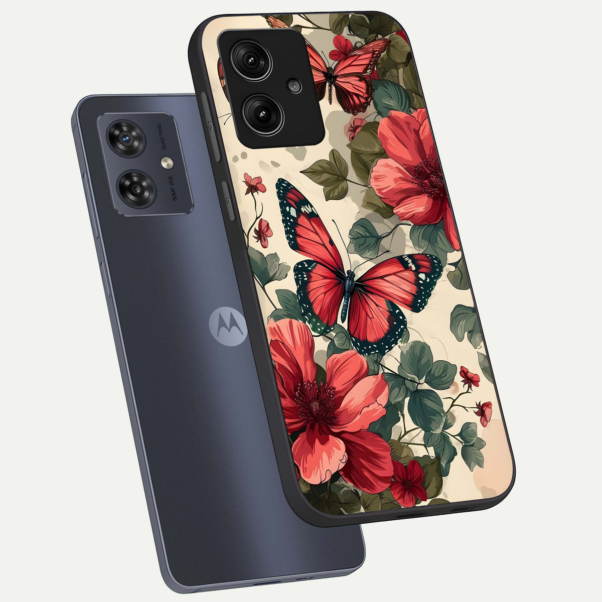  Crimson Butterfly Garden phone case For Moto G54 showing premium glass back cover with detailed artwork
