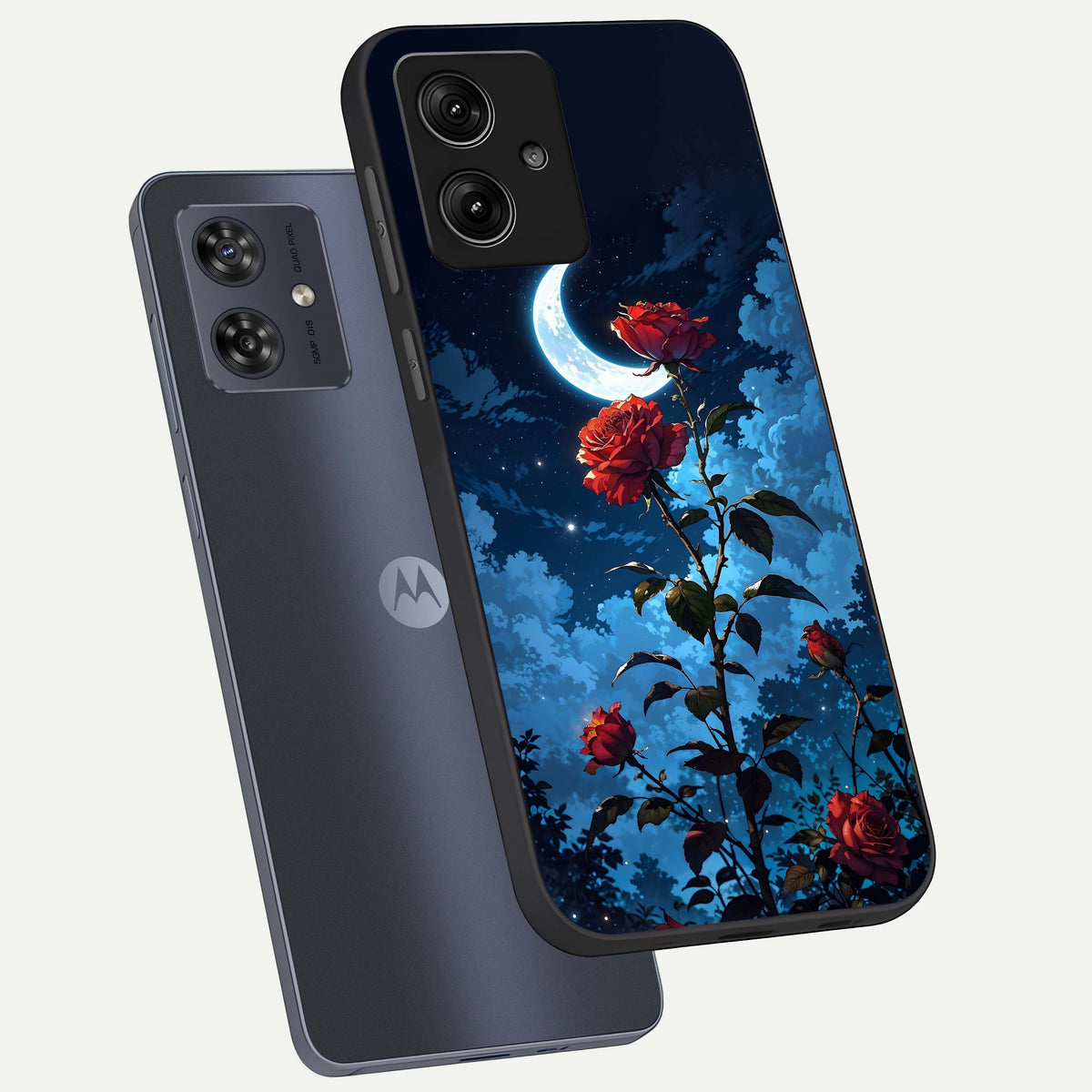  Crimson Rose Moon phone case For Moto G54 showing premium glass back cover with detailed artwork