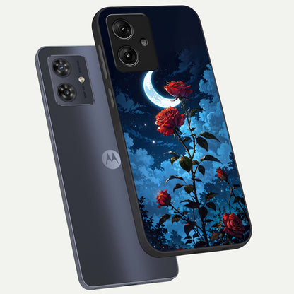  Crimson Rose Moon phone case For Moto G54 showing premium glass back cover with detailed artwork