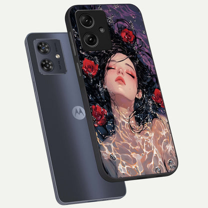  Crimson Rose Serenity phone case For Moto G54 showing premium glass back cover with detailed artwork