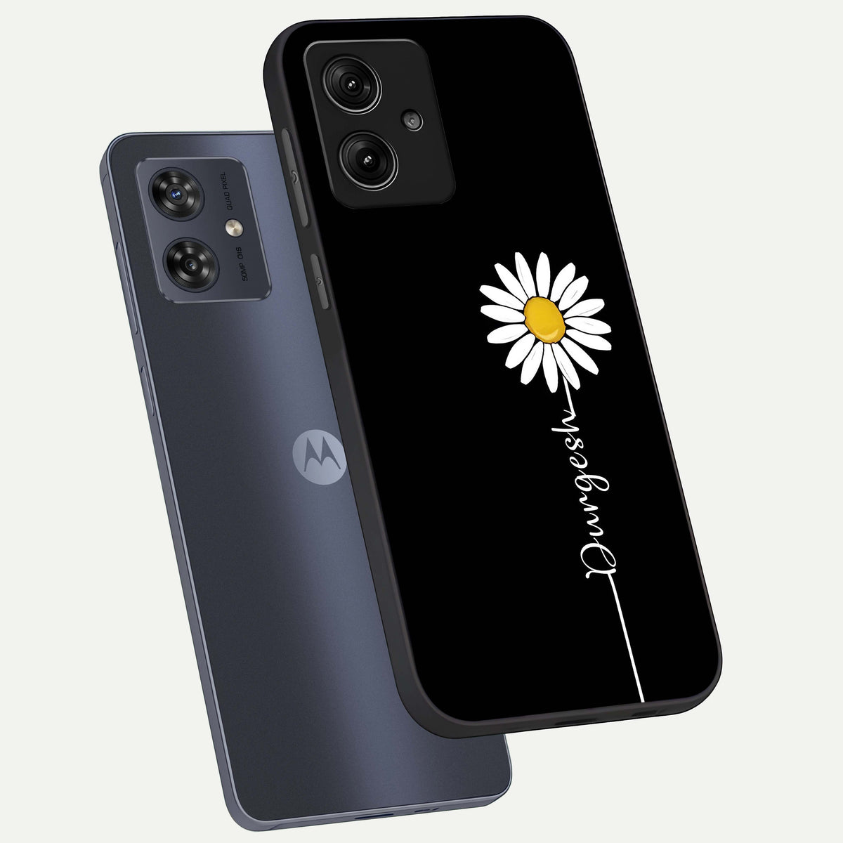  Custom Name White Flower phone case For Moto G54 showing premium glass back cover with detailed artwork