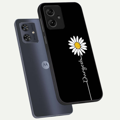  Custom Name White Flower phone case For Moto G54 showing premium glass back cover with detailed artwork