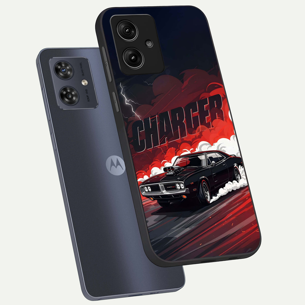  Dark Charger Fury phone case For Moto G54 showing premium glass back cover with detailed artwork