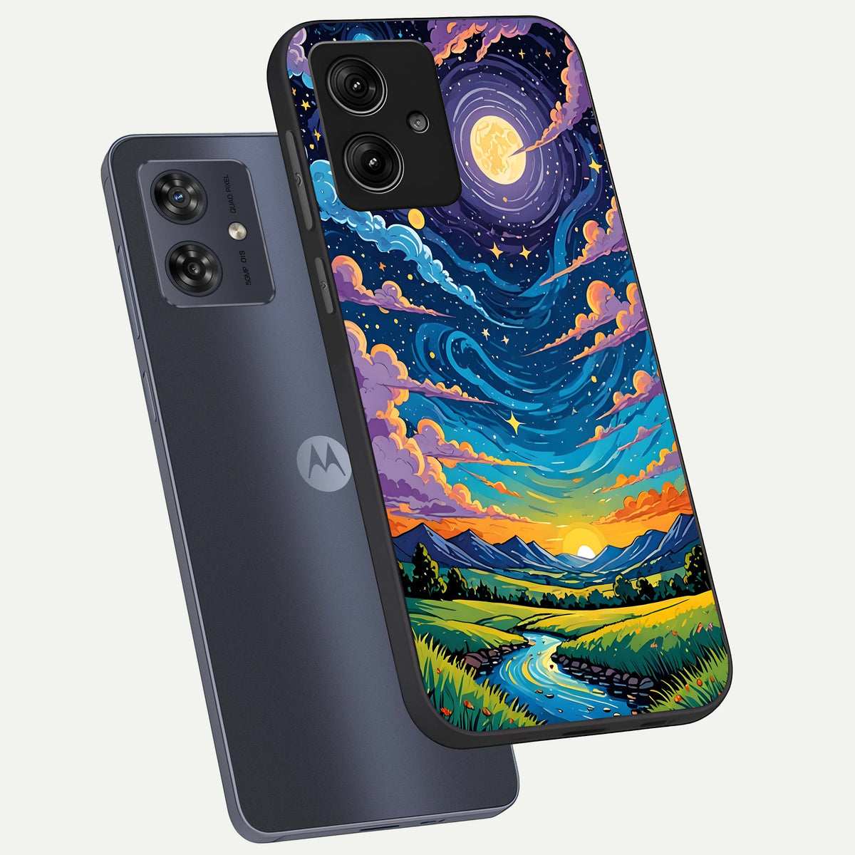  Dreamy Night Landscape phone case For Moto G54 showing premium glass back cover with detailed artwork