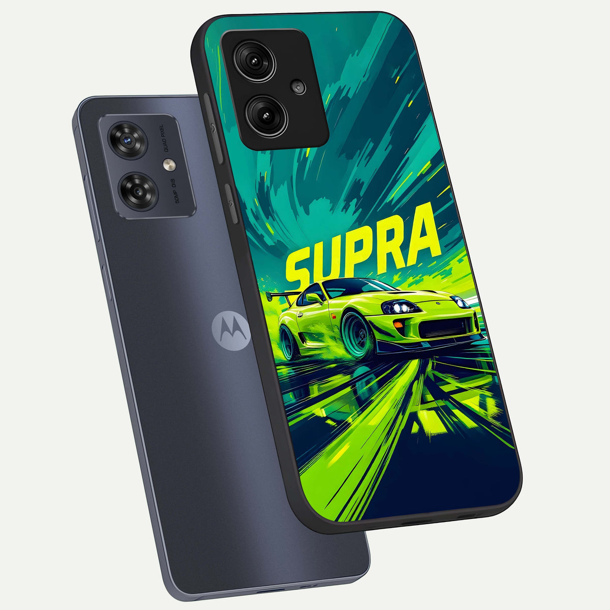  Electric Supra Thunder phone case For Moto G54 showing premium glass back cover with detailed artwork