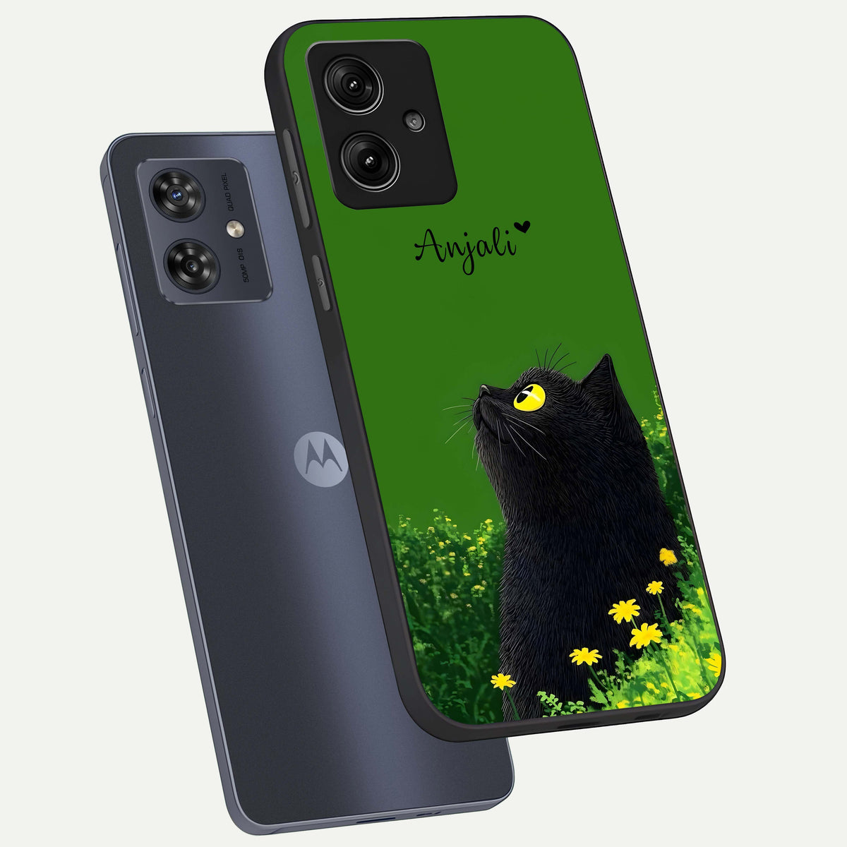  Emerald Cat Custom Name phone case For Moto G54 showing premium glass back cover with detailed artwork