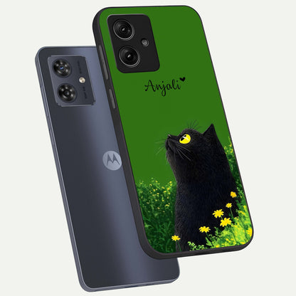  Emerald Cat Custom Name phone case For Moto G54 showing premium glass back cover with detailed artwork