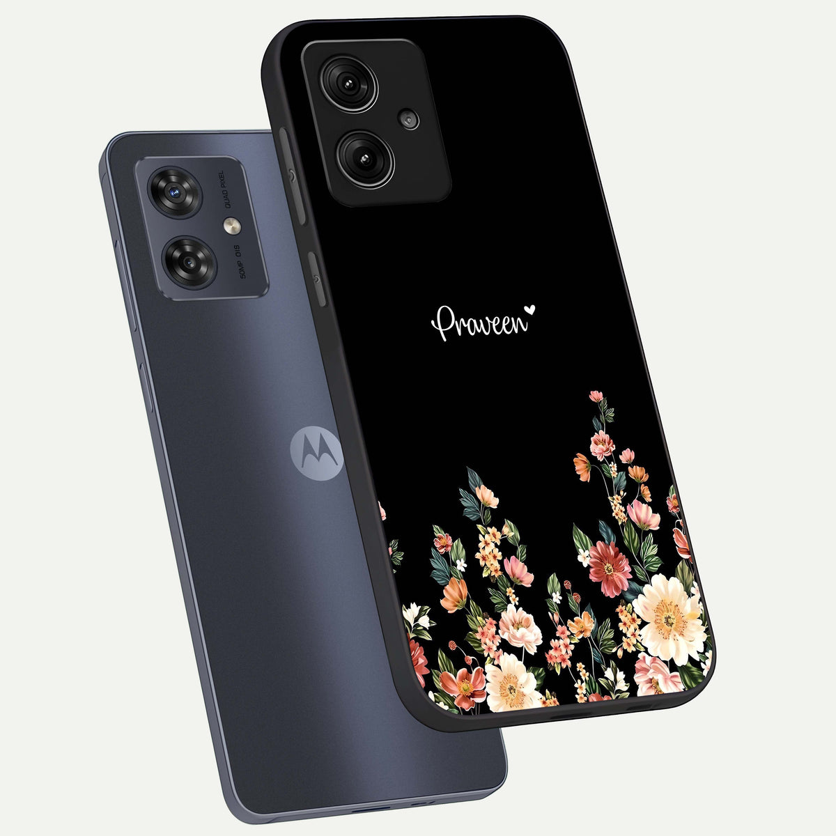  Floral Design Personalized Custom Name phone case For Moto G54 showing premium glass back cover with detailed artwork