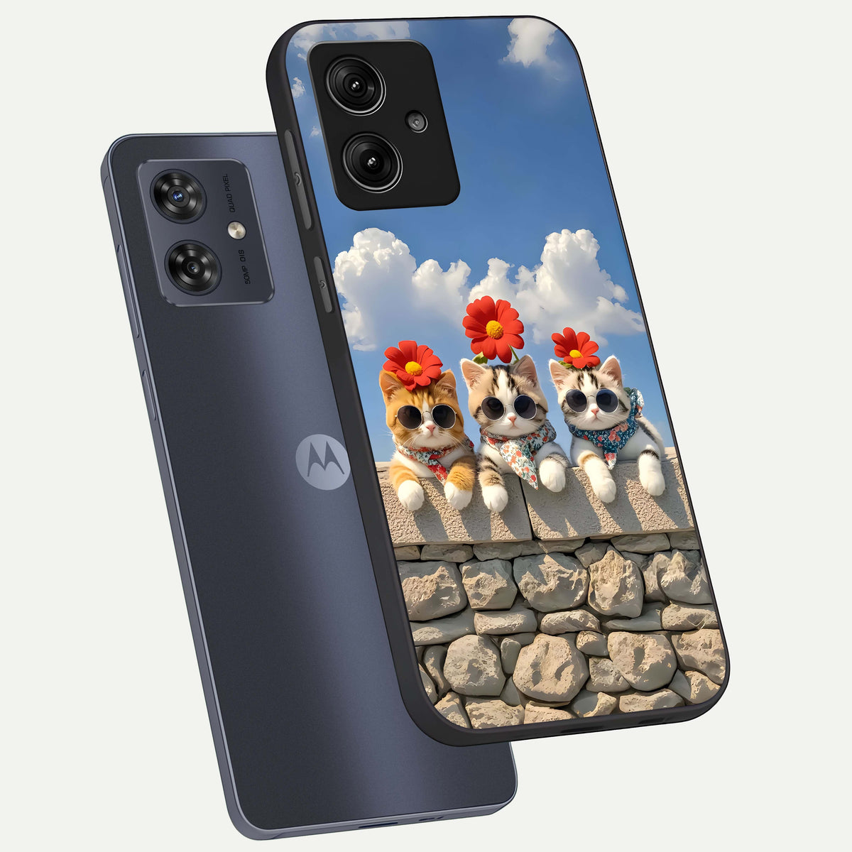  Floral Kitty Squad phone case For Moto G54 showing premium glass back cover with detailed artwork