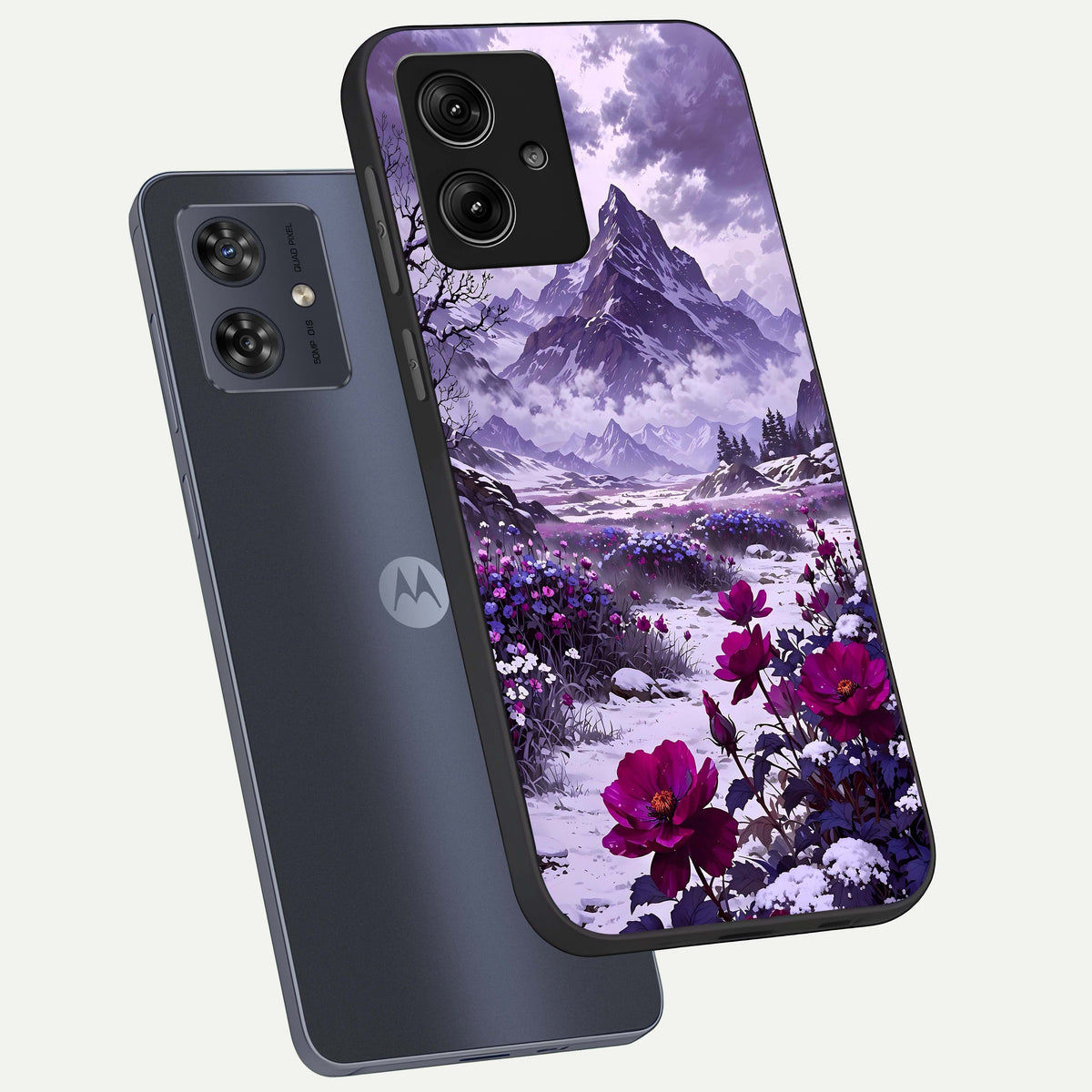  Flower Mountain View phone case For Moto G54 showing premium glass back cover with detailed artwork