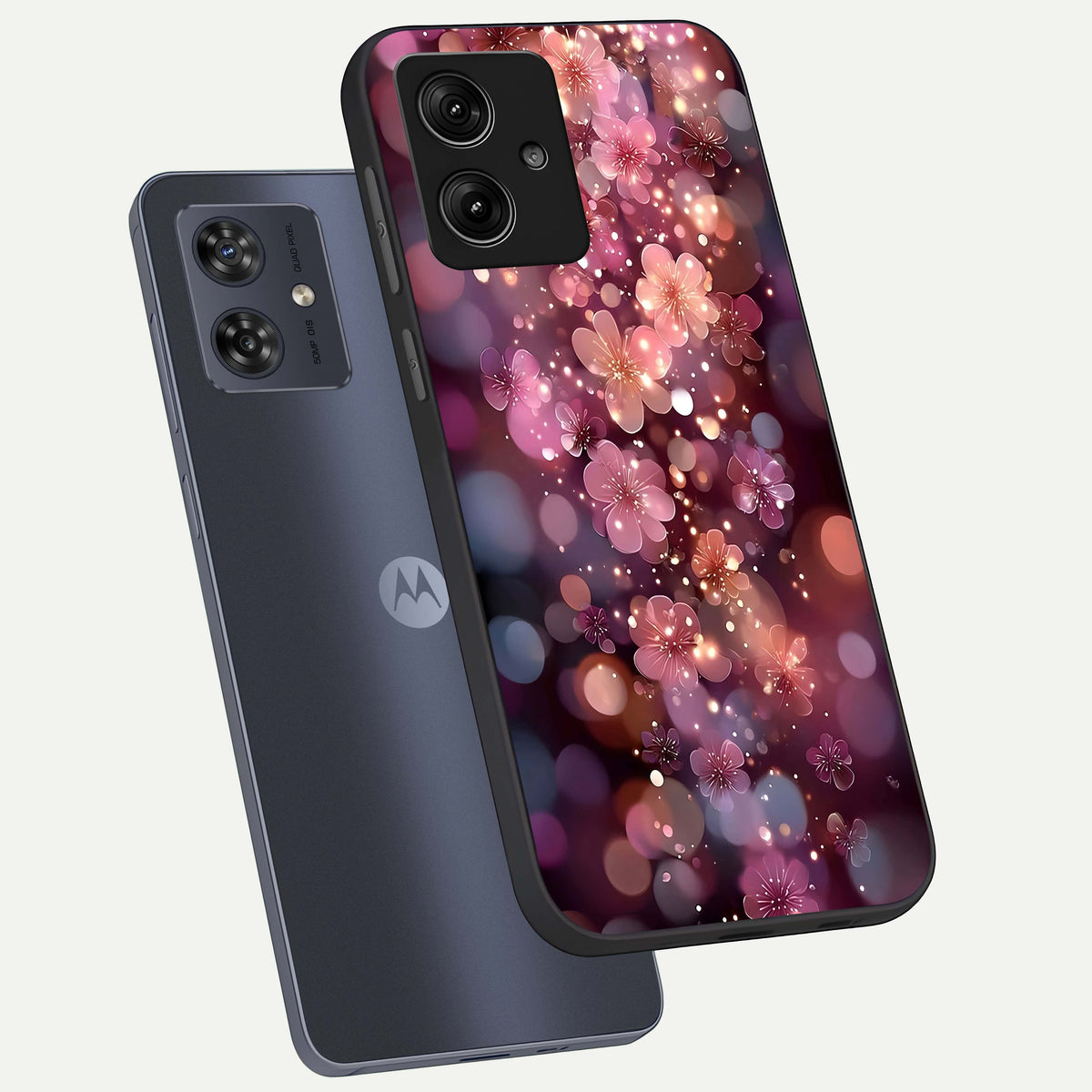  Glowing Petal Bliss phone case For Moto G54 showing premium glass back cover with detailed artwork