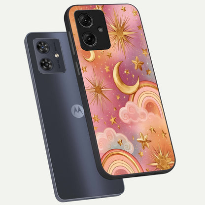  Golden Celestial Dreams phone case For Moto G54 showing premium glass back cover with detailed artwork