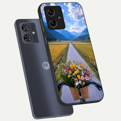  Golden Field Journey phone case For Moto G54 showing premium glass back cover with detailed artwork