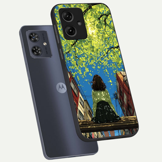  Golden Leaves Glow phone case For Moto G54 showing premium glass back cover with detailed artwork