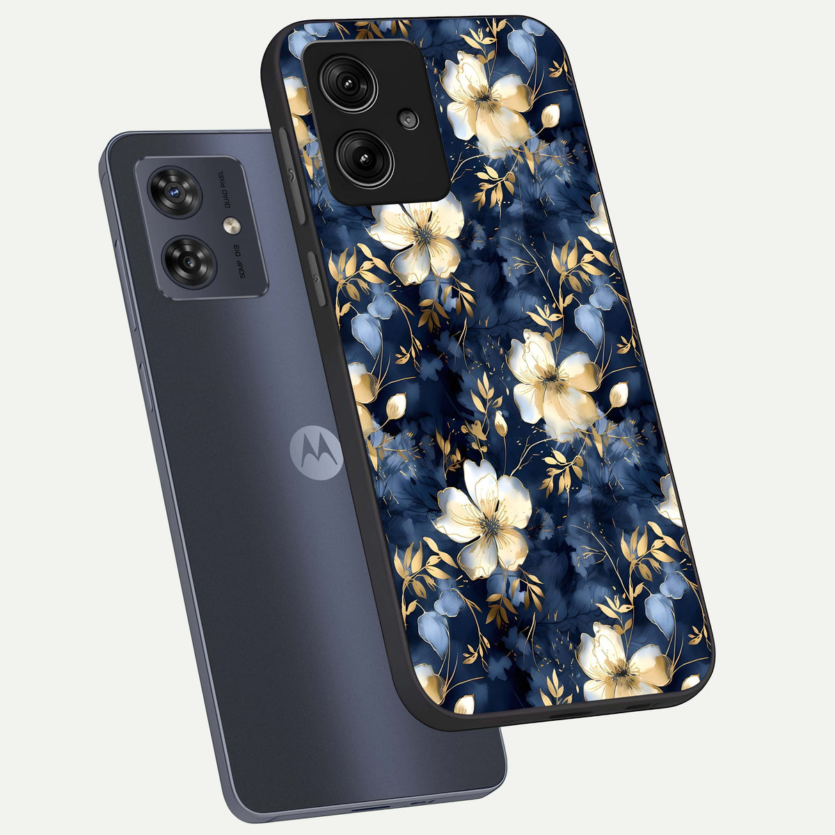  Golden Midnight Bloom phone case For Moto G54 showing premium glass back cover with detailed artwork