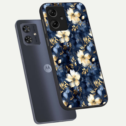  Golden Midnight Bloom phone case For Moto G54 showing premium glass back cover with detailed artwork