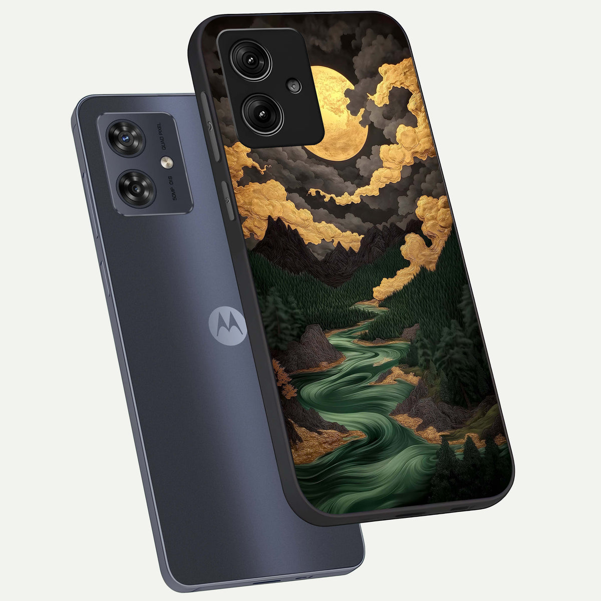  Golden River Moon phone case For Moto G54 showing premium glass back cover with detailed artwork