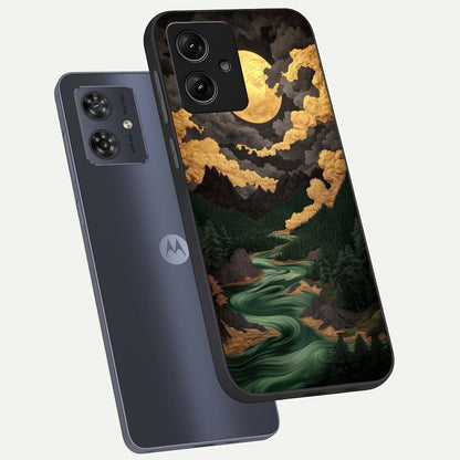  Golden River Moon phone case For Moto G54 showing premium glass back cover with detailed artwork