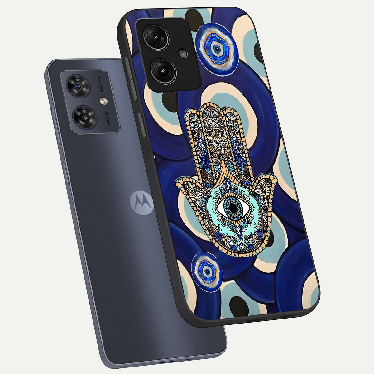  Hamsa Divine Guard phone case For Moto G54 showing premium glass back cover with detailed artwork