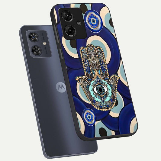 Hamsa Divine Guard phone case For Moto G54 showing premium glass back cover with detailed artwork