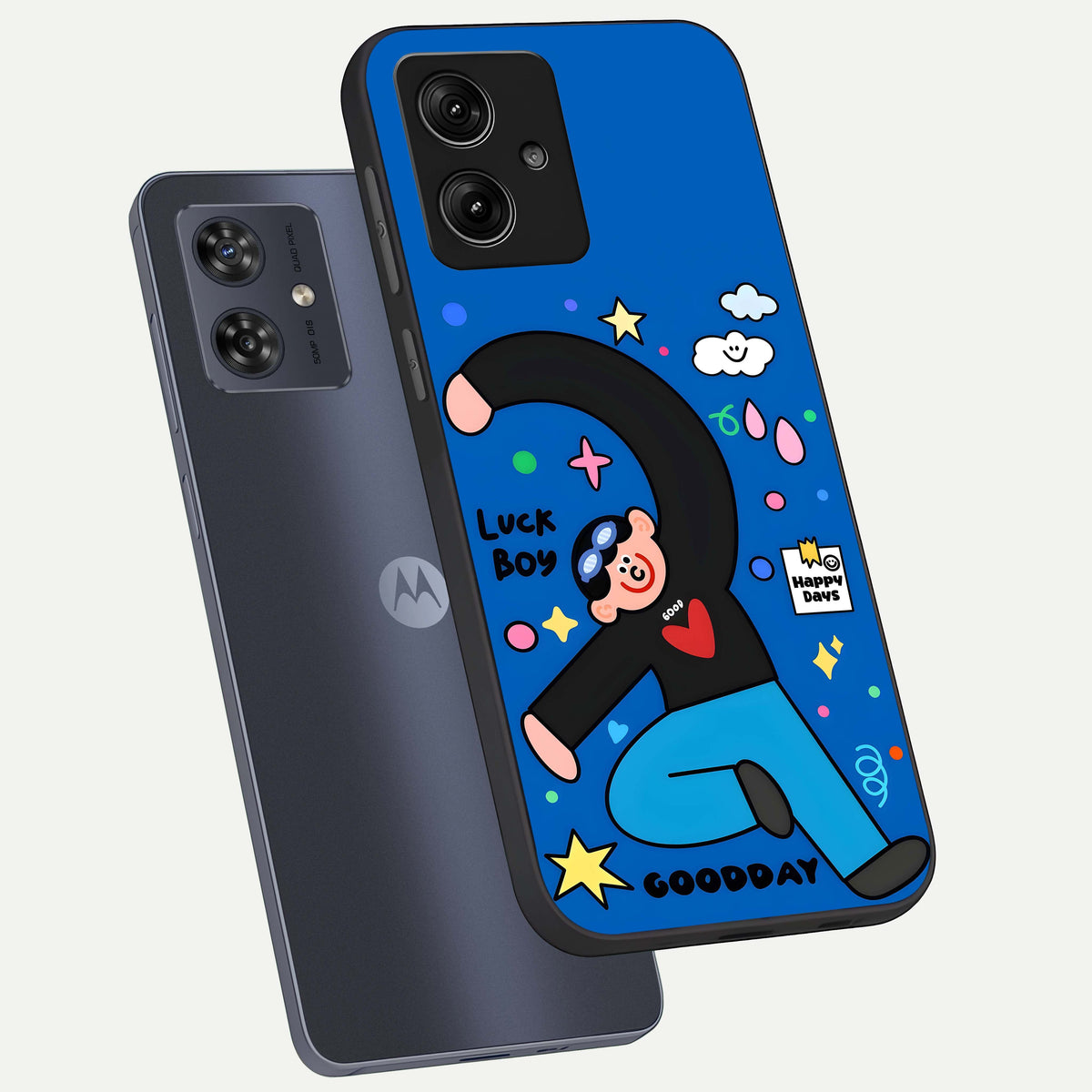  Happy Luck Vibe phone case For Moto G54 showing premium glass back cover with detailed artwork