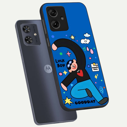  Happy Luck Vibe phone case For Moto G54 showing premium glass back cover with detailed artwork