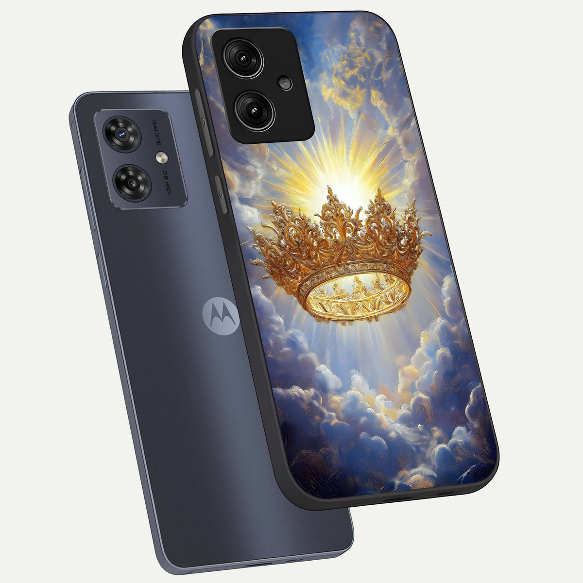 Heavenly Crown Light phone case For Moto G54 showing premium glass back cover with detailed artwork