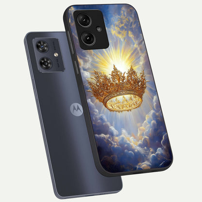  Heavenly Crown Light phone case For Moto G54 showing premium glass back cover with detailed artwork