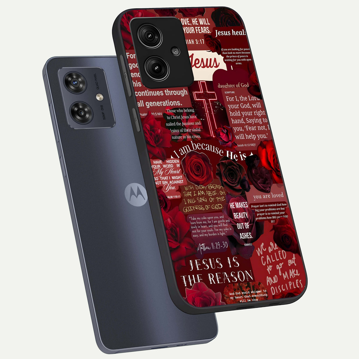  Jesus Love Heals phone case For Moto G54 showing premium glass back cover with detailed artwork