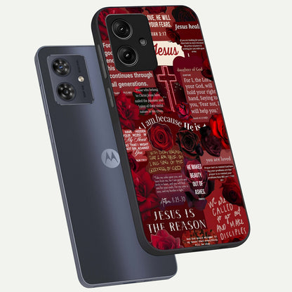  Jesus Love Heals phone case For Moto G54 showing premium glass back cover with detailed artwork