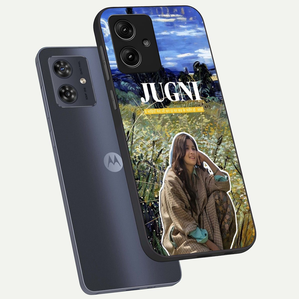  Jugni Soul Vibes phone case For Moto G54 showing premium glass back cover with detailed artwork