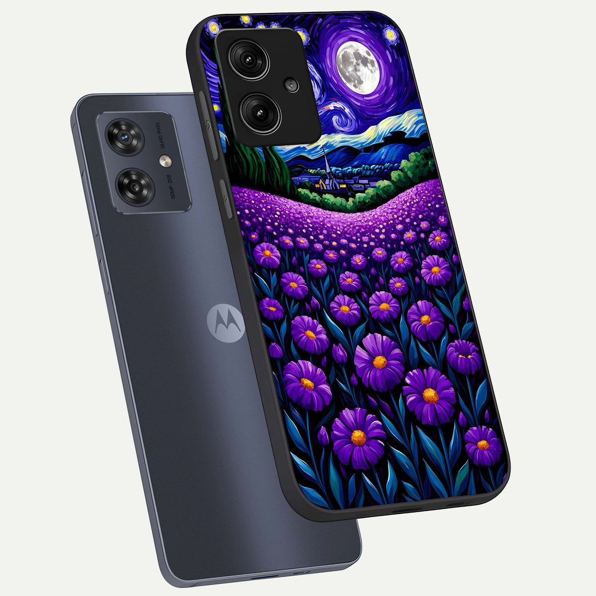 Lavender Moon Field phone case For Moto G54 showing premium glass back cover with detailed artwork