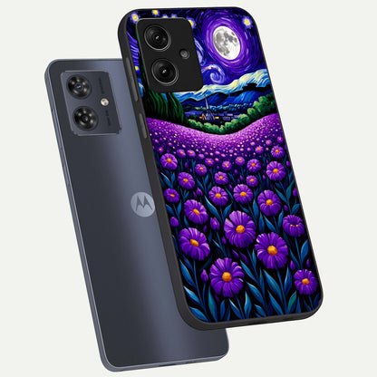  Lavender Moon Field phone case For Moto G54 showing premium glass back cover with detailed artwork