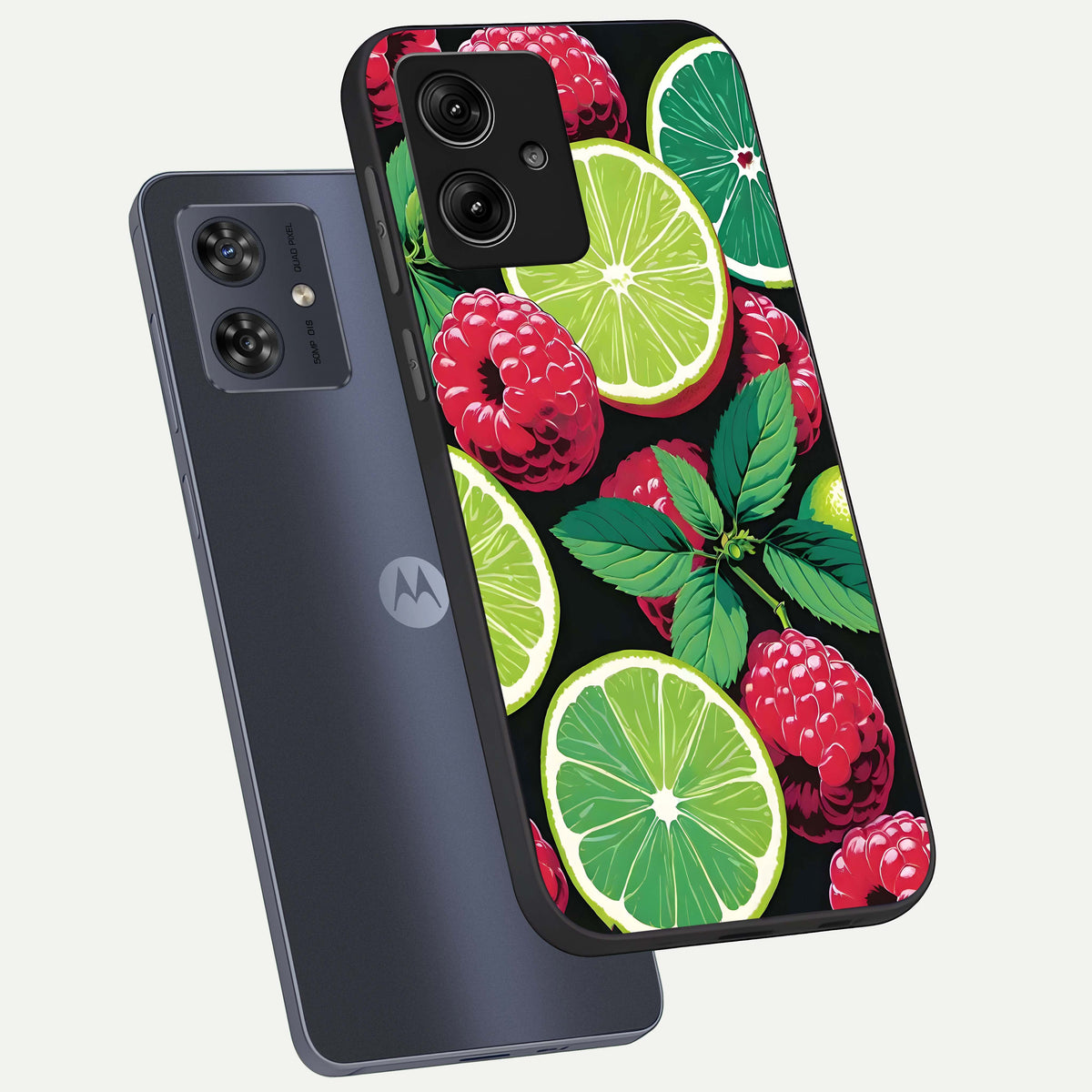  Lime and Raspberry Pattern phone case For Moto G54 showing premium glass back cover with detailed artwork