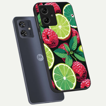  Lime and Raspberry Pattern phone case For Moto G54 showing premium glass back cover with detailed artwork