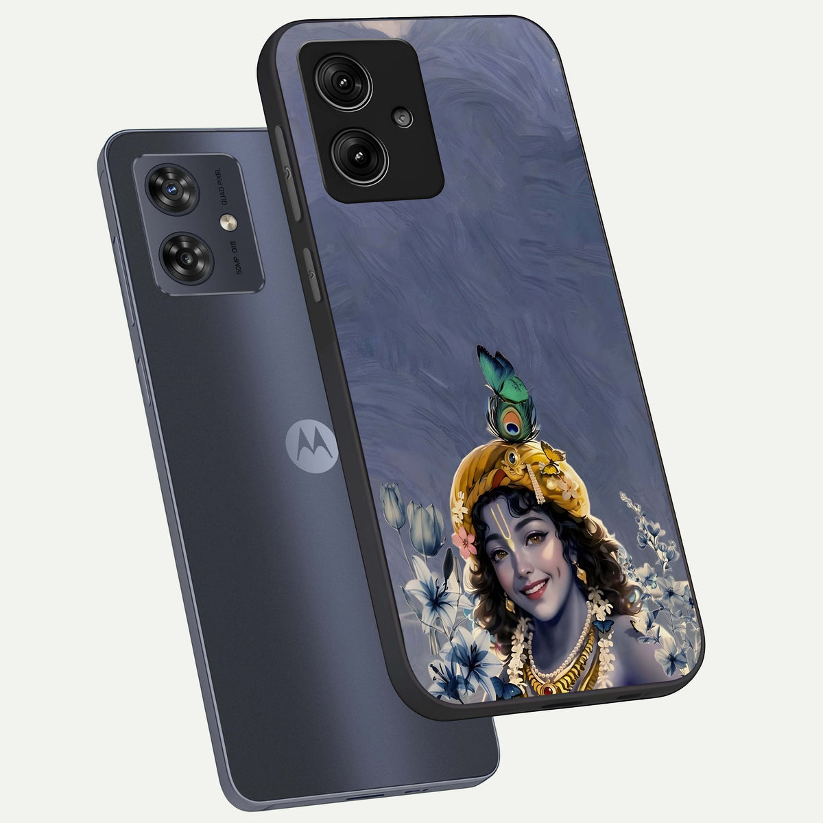  Lord Krishna phone case For Moto G54 showing premium glass back cover with detailed artwork