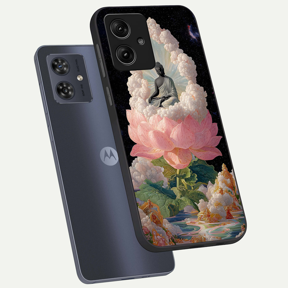 Lotus Divine Peace phone case For Moto G54 showing premium glass back cover with detailed artwork