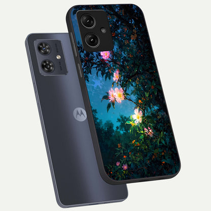  Midnight Bloom Glow phone case For Moto G54 showing premium glass back cover with detailed artwork